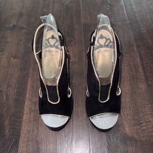 Fergalicious by Fergie Black and Gold Peep-Toe Slingback Heels